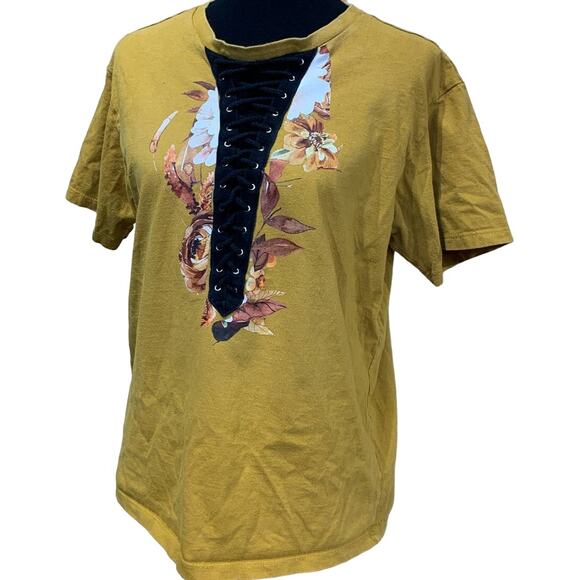 Forever 21 Tops - Hand Printed Upcycled Large Fall Leaves Floral Harvest Lace Up Short Sleeve Tee